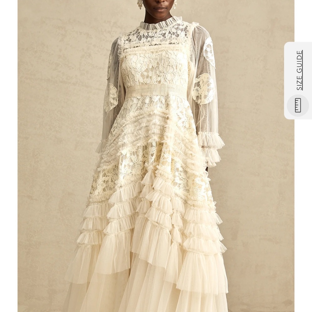 Cream Ruffled Tiered Gown with Bishop Sleeves